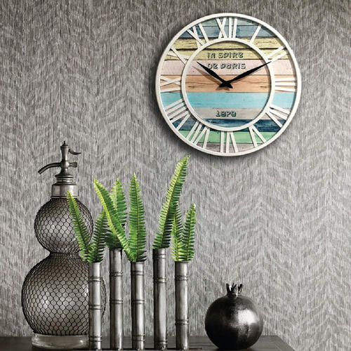 Reloj De Pared 40 Cm Metálico Playa Azul Silencioso Color de la estructura Blanco Color del fondo Multicolor