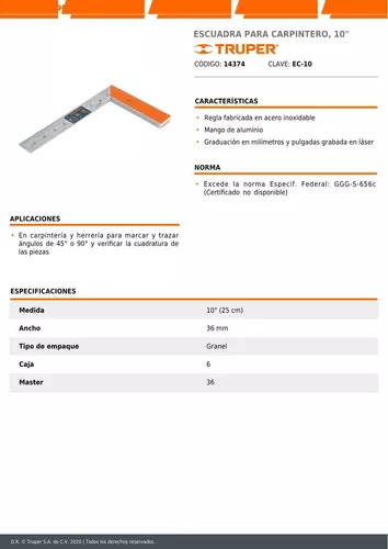 ESCUADRA CARPINTERO - EC-10 - 14374 - 10 - TRUPER