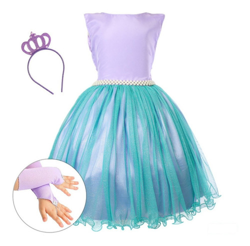 Vestido Infantil Luxo Pequena Sereia Ariel Coroa E Luva