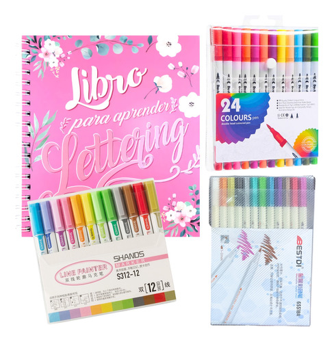 Kit Libro Lettering De 158 Páginas + 3 Set De Plumones 