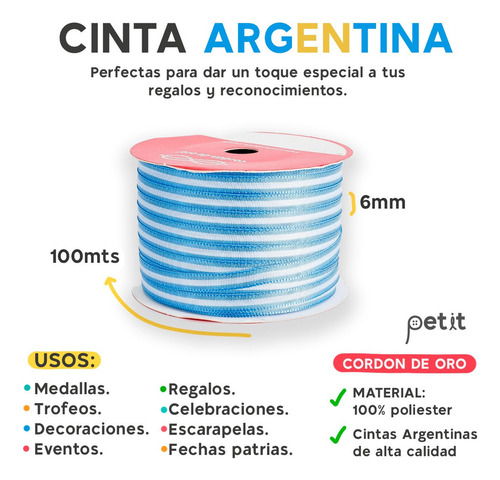Cinta Bandera Argentina Cordón De Oro N°1 6mm X 100m Rollo