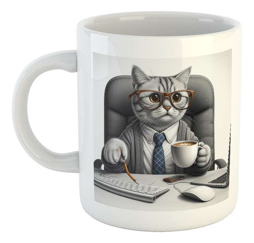Taza Ceramica Gato Trabajando Oficina Computadora Cafe M1