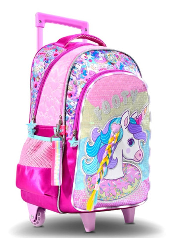 Mochila Footy Carro Unicornio Con Trenza Y Luz Led 18 Pul.