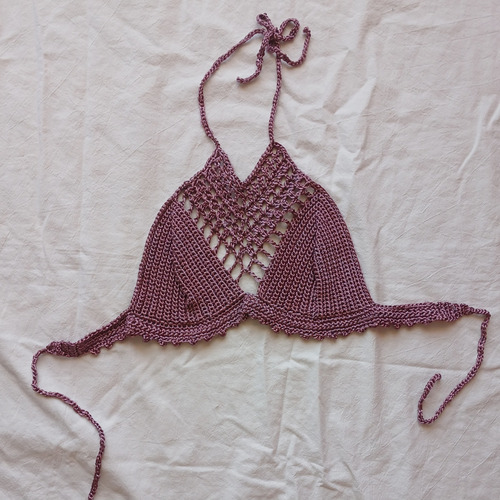 Top Tejido A Mano Bikini Crochet Hilo Seda Lila Violeta