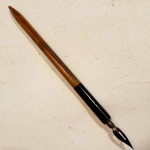 Tintero Antiguo De Cristal Y Peltre Con Pluma De Inmersión (Usado)