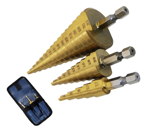Conjunto De 3 Brocas Cônicas De Titânio Hss 3-12 4-12 -20mm