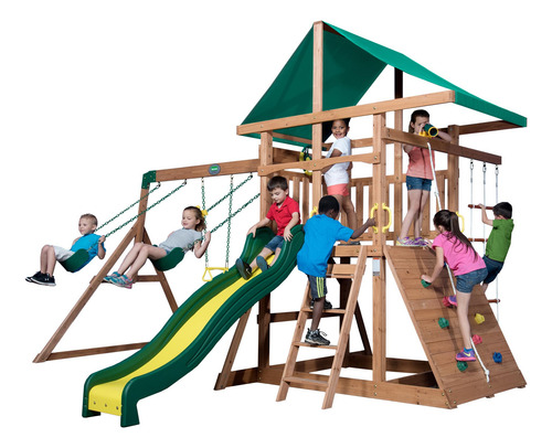 Juego De Columpios De Madera Con Tobogán Y Pared De Escalada Marrón Claro