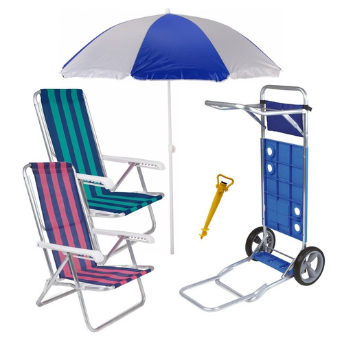 Kit Praia Carrinho Com Avanço Guarda Sol Cadeira Reclinável