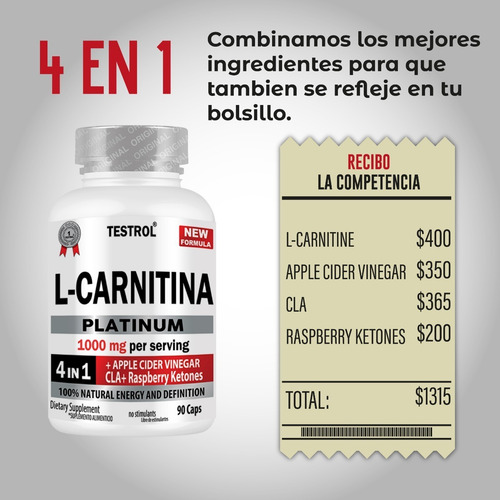 Imagen 6 de 7 de L-carnitina Platinum 1000mg | 4 En 1 | Testrol 90 Cap