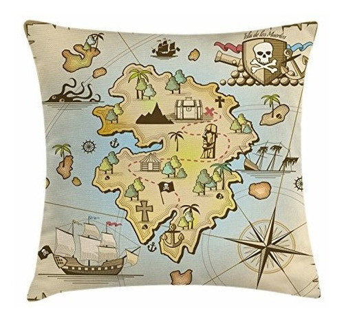 Lunarable Island Map Throw Pillow Cojín, Cartoon Treasure Is