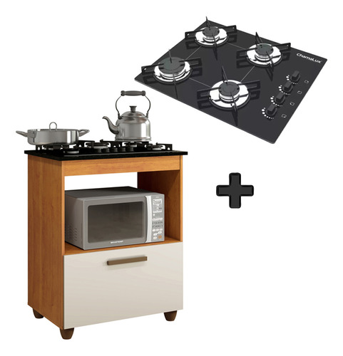 Kit Balcão Mais Fogão Cooktop 4 Bocas Preto Chamalux Cor Natura/Off white 110V/220V