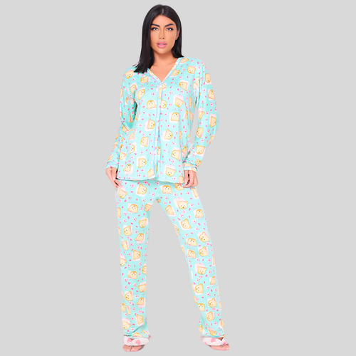 Pijama De Frio Feminino Americano Com Botão Macio Em Suede