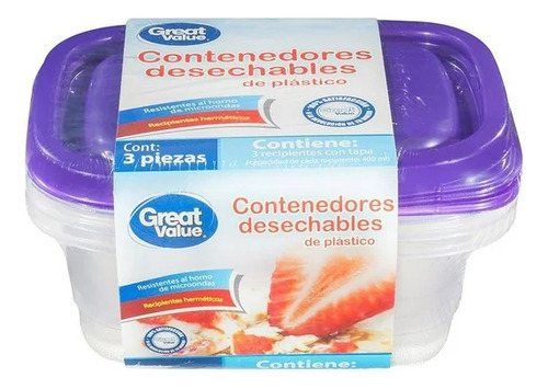 5 Pzas Contenedores Desechables Great Value De Plástico Con