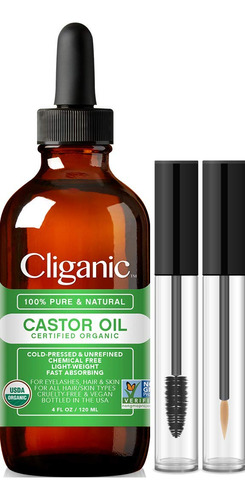 Cliganic Aceite De Ricino Orgánico, 100% Puro (4oz Con Kit.