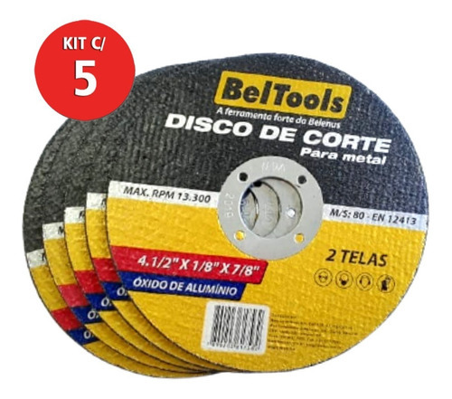 Kit C/ 5 Disco Corte Metais 4.1/2x1/8x7/8 Beltools