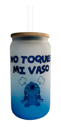 Vaso Stitch No Toques Mi Cristal Satinado Azul Con Popote