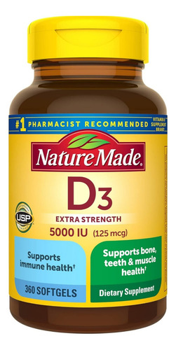Vitamina D3 5000iu 360 Softgel Nature Made Extra Strength Sabor Neutro