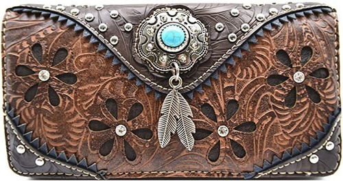 Western Feather Tooled Cuero Láser Corte Monedero Solo Hombr