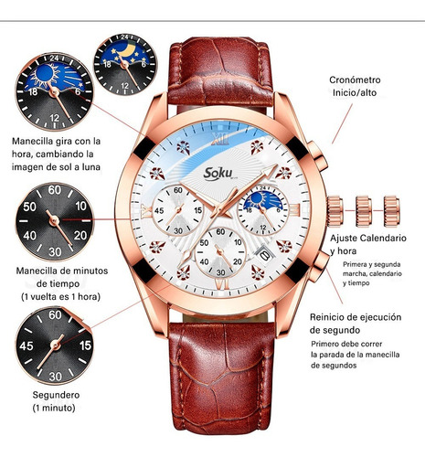 Reloj Cuero Cronometro Real Fechador Original Impermeable Color De La Correa Marrón/blanco