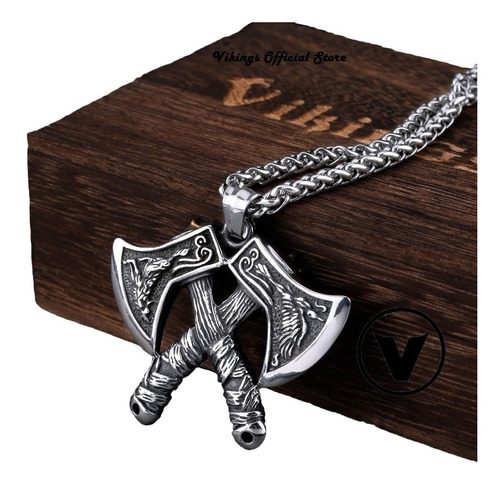 Collar De Lujo Hacha Nórdica Hombre Cadena Dije Caja Vikings