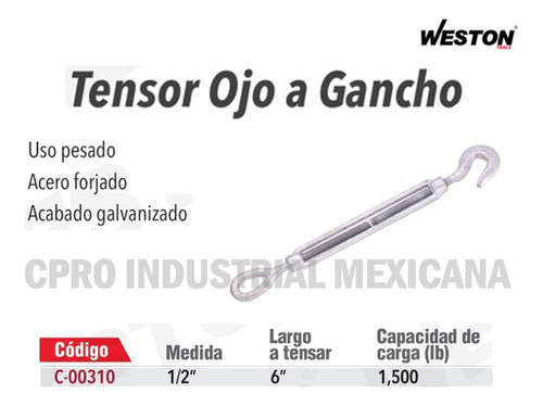 Tensor Ojo A Gancho 1/2´´ Largo A Tensar 6´´ Cap. 1500 Lb P