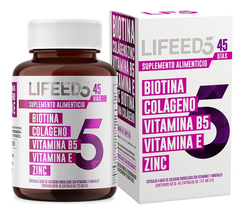 Lifeed5 Biotina, Colágeno, Vitamina B5 Y E, Zinc C/45 Cáps Sabor Sin Sabor