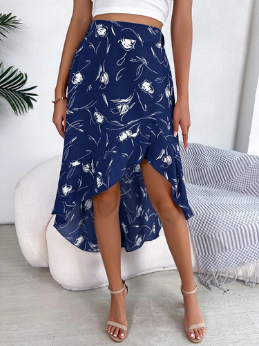 $falda Midi Floral De Poliéster Asimétrico Con Volantes Para