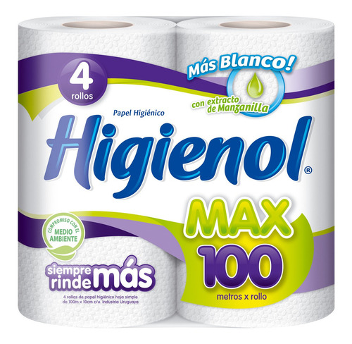 Imagen 3 de 4 de Papel higiénico Higienol MAX simple 100 m de 4 u
