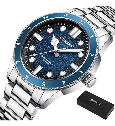 Reloj pulsera Curren 8450 de cuerpo color plateado, analógico, para hombre, con correa de acero inoxidable color blanco y azul y expandible