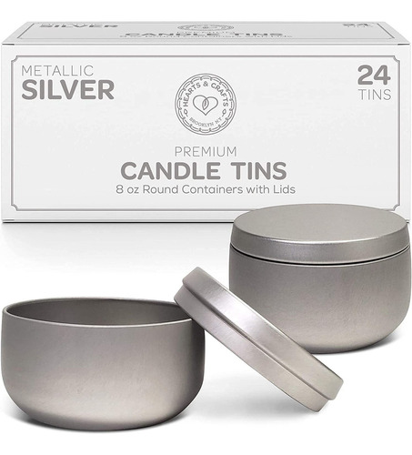 Latas De Color Plata Para Velas De 8 Oz Con Tapas Pack 24u.