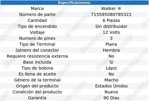 Jgo 6 Bobinas Lápiz Mitsubishi Eclipse V6 3.8l 06-12 Walker