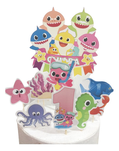 Adorno Para Torta Baby Shark + 10 Topper Cupcake Personaliza