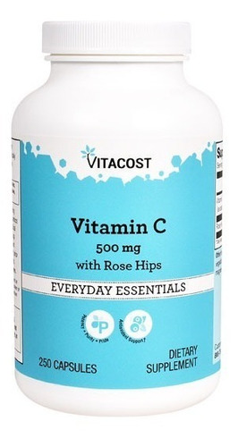 Vitamina C 500mg Com Rose Hips 250 Cáps. Vitacost Importada