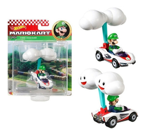 Hot Wheels Mario Kart Luigi P-wing + Cloud Glider Paracaidas