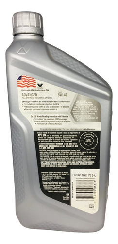 Imagen 2 de 5 de Aceite De Motor Valvoline Advanced 5w40 946 Ml