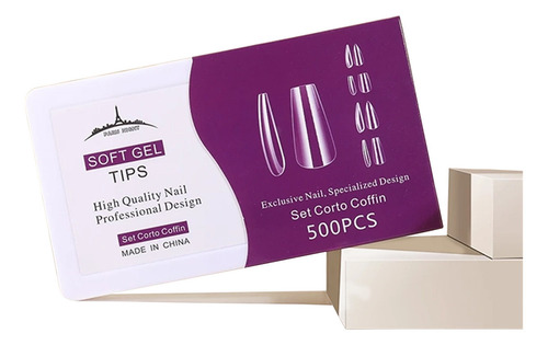 Tips Para Soft Gel Press On Paris Night 500 Set Corto Color Transparente Coffin