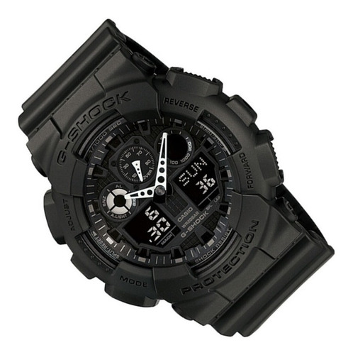 Imagen 3 de 4 de Reloj de pulsera Casio G-Shock GA-100 de cuerpo color negro, analógico-digital, para hombre, fondo negro, con correa de resina color negro, agujas color blanco, dial negro y gris, subesferas color negro y gris, minutero/segundero gris, bisel color negro y hebilla doble