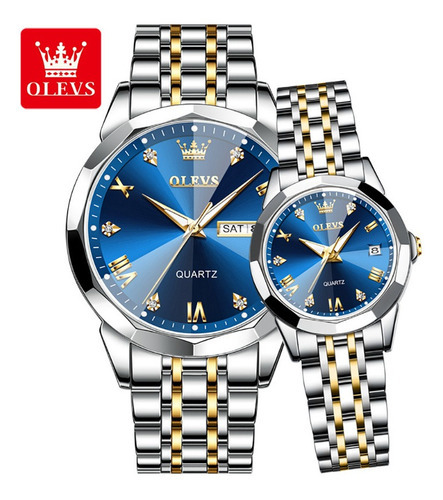 Reloj De Pareja Olevs Con Calendario De Cuarzo Inoxidable, 2 Color Del Fondo Silver Gold Blue