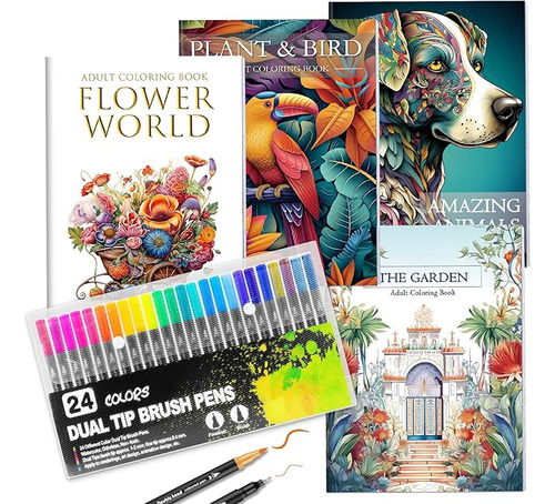 Set 4 Libros Para Colorear Y Rotuladores,mándala De Animales