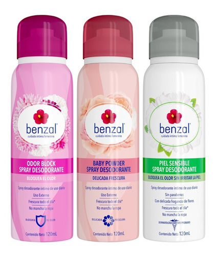 Benzal 3 Spray Kit, Odor-block + Baby Powder + Piel Sensible