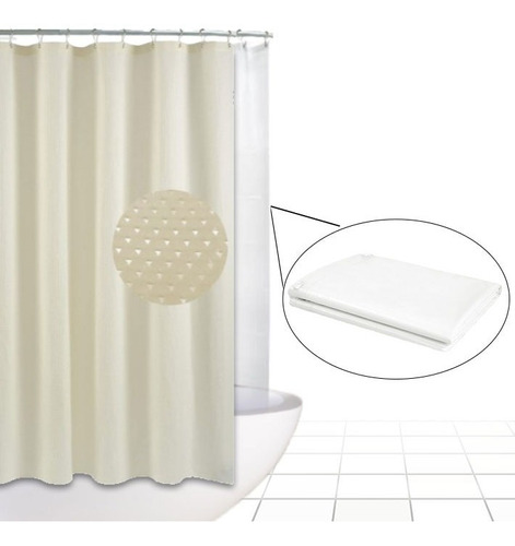 Combo Cortina Baño Tela + 12 Ganchos Plastico + Protector 