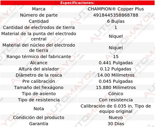 Kit 6 Bujías Encendido Cobre Champion K25 4.1l 6 Cil Gmc 76