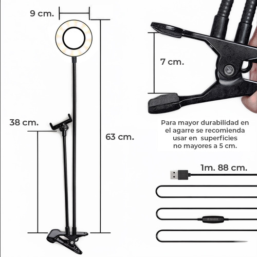 Anillo Luz Led Illuminador Con Clip Para Mesa Ele-gate Estructura Negro Luz Negro