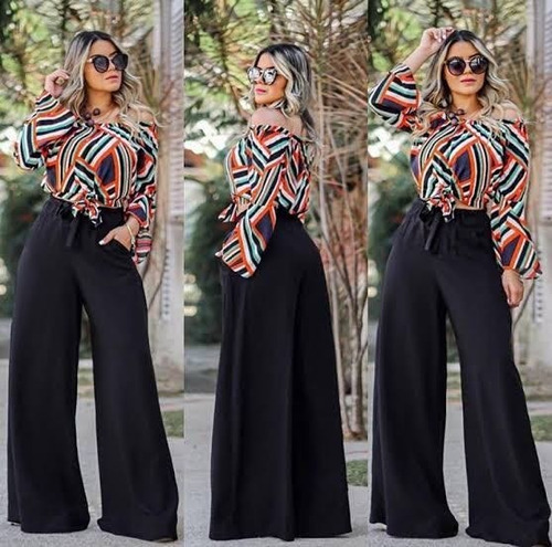 Calça Elegante Festa Pantalona Flare Elastico Cintura Larga