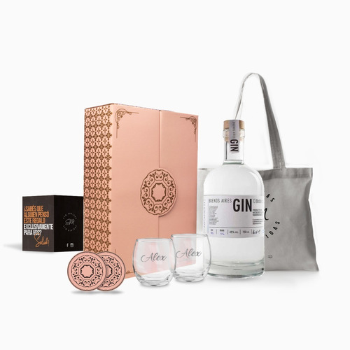 Box Gin Buenos Aires Estuche 750ml 2 Vasos Grabados Regalo  