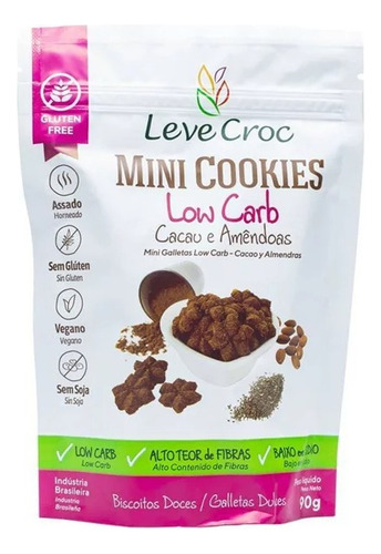 Cookie Low Carb De Cacau Amêndoas Sem Glúten Leve Crock 90g