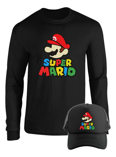 Camibuso Negro  Manga Larga Mario Bros Con Gorra  M1