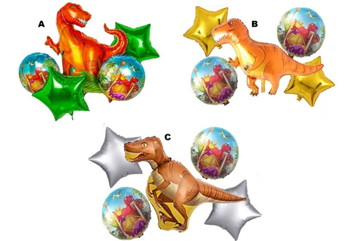 Dinosaurios Globo Metálico Set De 5 Piezas Tiranosaurios Rex