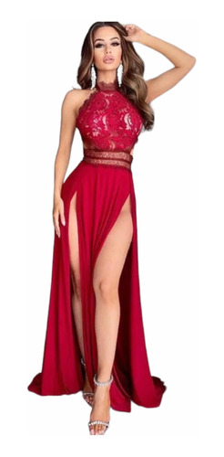 Maxi Vestido Largo Rojo Sexy Encaje Mujer Fiesta