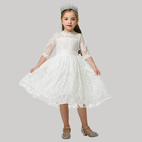 Vestido De Encaje Para Niña Con Flores, Elegante Vestido De